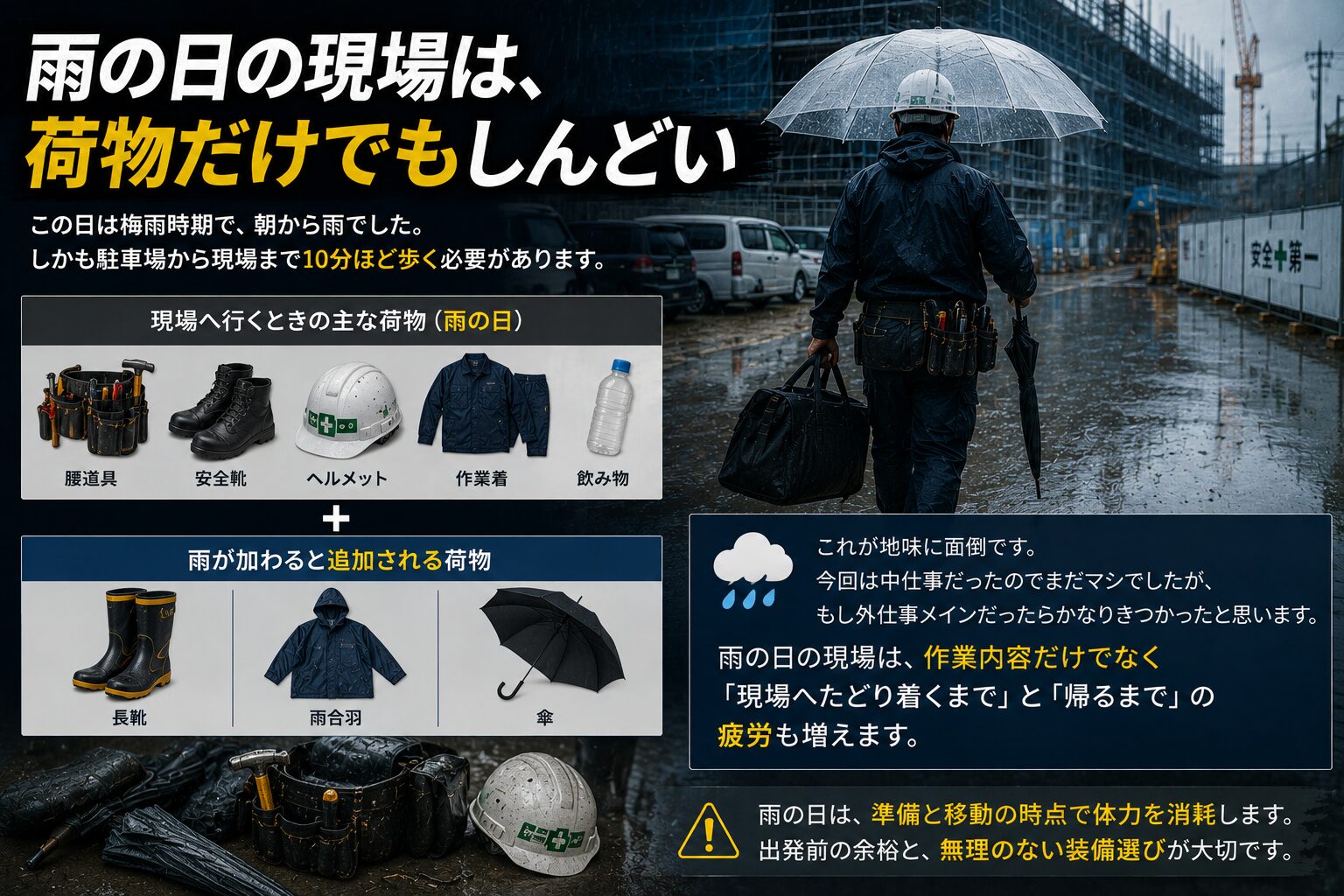 雨の日の現場は、荷物だけでもしんどい